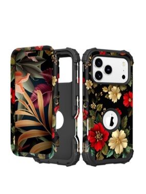 Pixi Protective Floral Phone Case — Black with Red & Gold Blooms iPhone 17 case